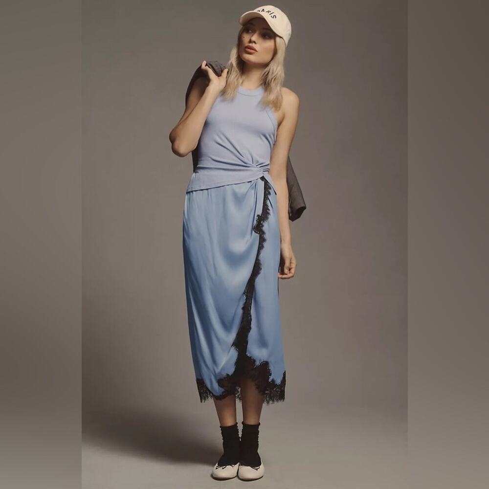 Anthropologie Blue Dress with Black Lace Trim